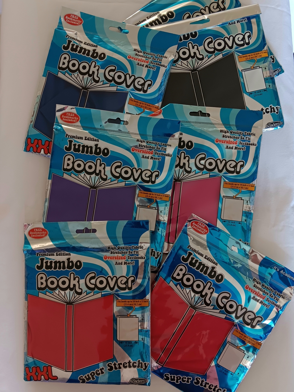 7 Jumbo Book Covers - Assorted Colors Stretchy Textbook Covers Bundle Of 7